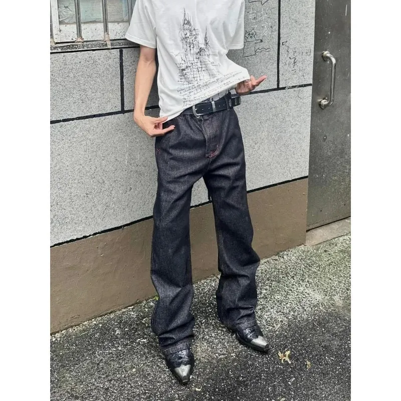 Men American Vintage Denim Red Stitch Raw Black Straight Micro Flare Jeans Slim Fit Fashion Casual Stretch Long Denim Trousers — image 5