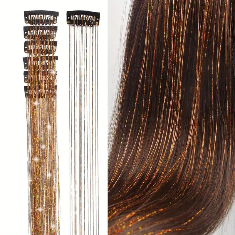 6Pcs Hair Tinsel Clip in 19.6Inch Glitter Synthetic Tinsel Hair Clip in Hair Tinsel Kit Heat Resistant Shiny Sparkle Fairy Hair — image 9