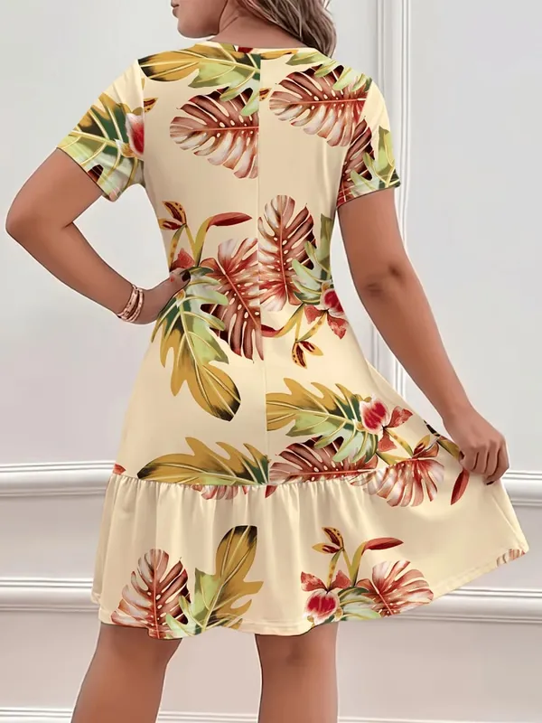 Summer Bohemian Style Loose Tropical Print Round Neck Short Sleeve Dress Comfortable Holiday Dress — image 2