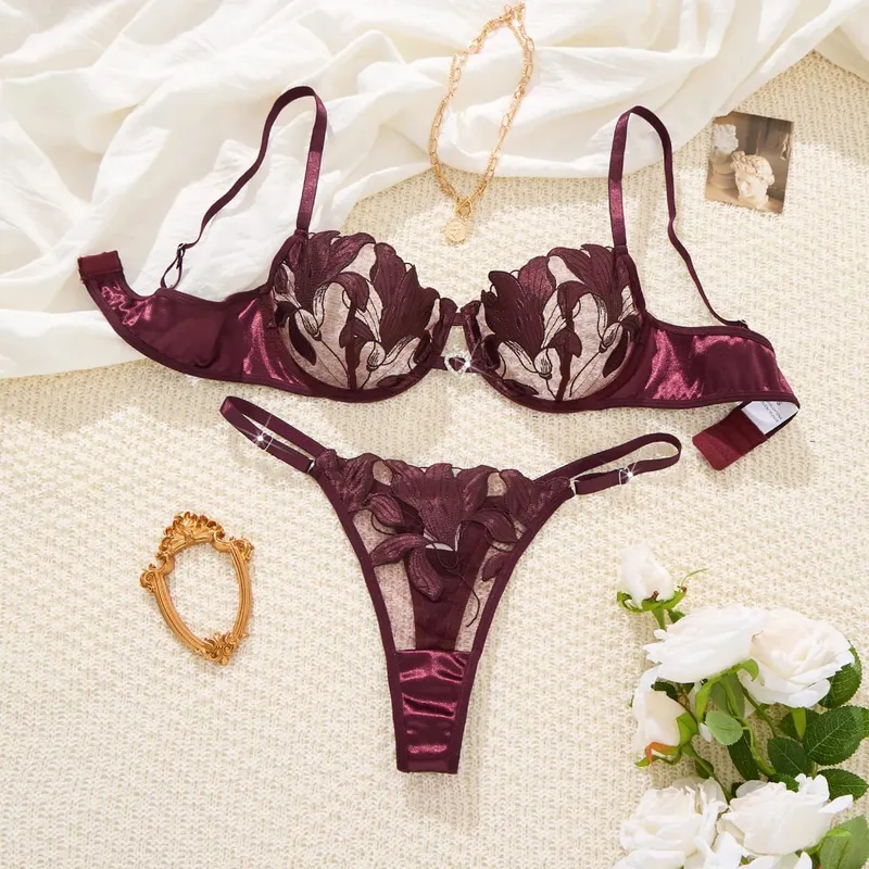 Embroidered Print Pajama Set - A Set Featuring a Floral Design Suitable for Women a Sexy Bra ZA824031 — image 9
