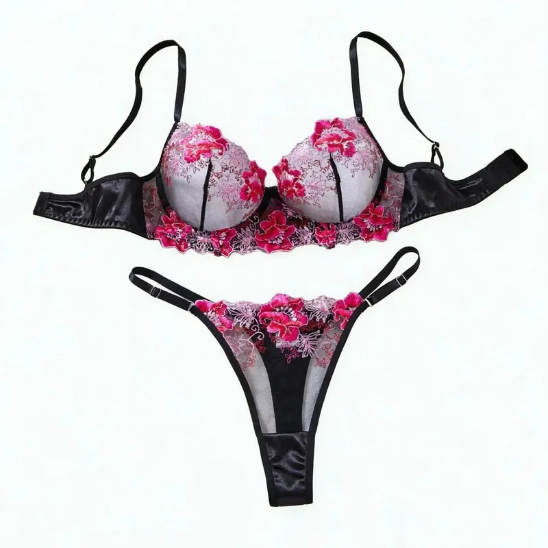 Elegant Black Floral Embroidered Lace Lingerie Set Women Push Up Bra Thong Satin Mesh Romantic Intimate Underwear ZA825146 — image 2