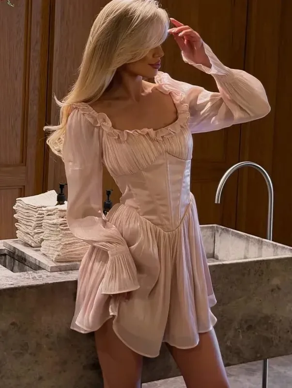 Elegant Square Collar Ruffle Trim Dress Women Chic Solid Full Sleeves Waist Cinching Short Dresses Lady Sexy Street Robes New