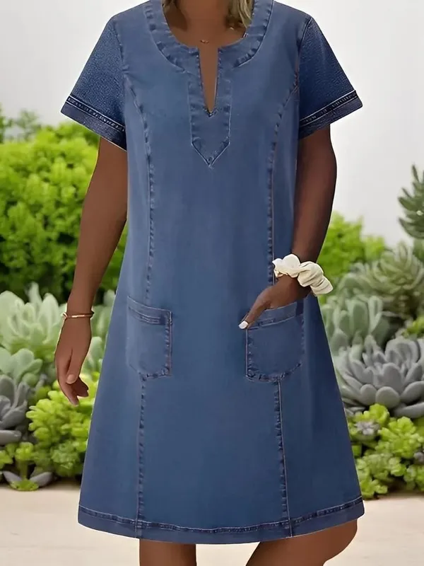 Denim Dress Women Streetwear Dresses V Neck Short Sleeves Pockets A Line Vintage Distressed Washed Summer Vestidos LYQ603122