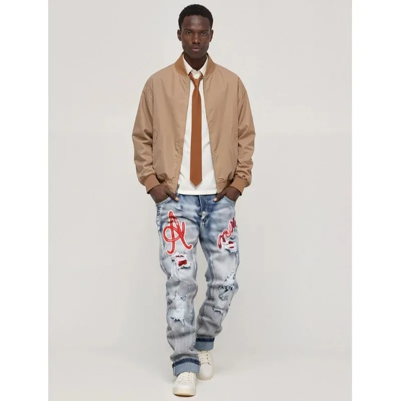 Men's Hip-Hop Style Distressed Holes Jeans Wash Ripped Pants with Red Embroidered Patches Casual Trendy Streetwear Trousers — image 4