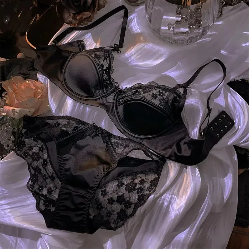 French Premium Satin Half Cup Lace Underwear Women's Thin Sexy Gathering Top Support Glossy Bra Set Big Breasts Small 32-38 Set — image 5