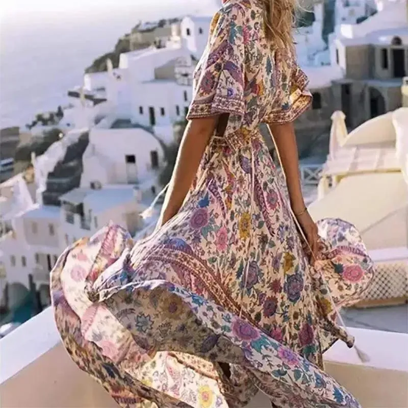 Đời Boho Hoàng Hậu Nữ Con Công In Hoa Tay Cánh Dơi Đi Biển Bohemia Đầm Maxi Nữ Cổ V Tua Rua Mùa Hè vestidos — image 5