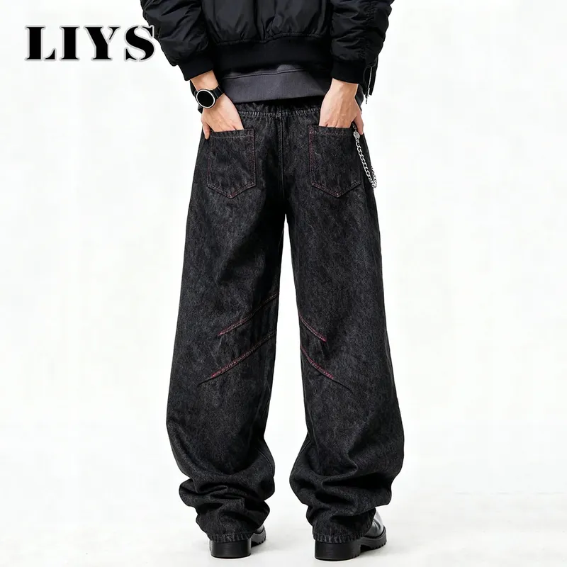 Four Seasons American Retro Men's Black Baggy Wide Leg Jeans Basic Business Casual Loose Denim Pants Unisex Street Jeans — image 2