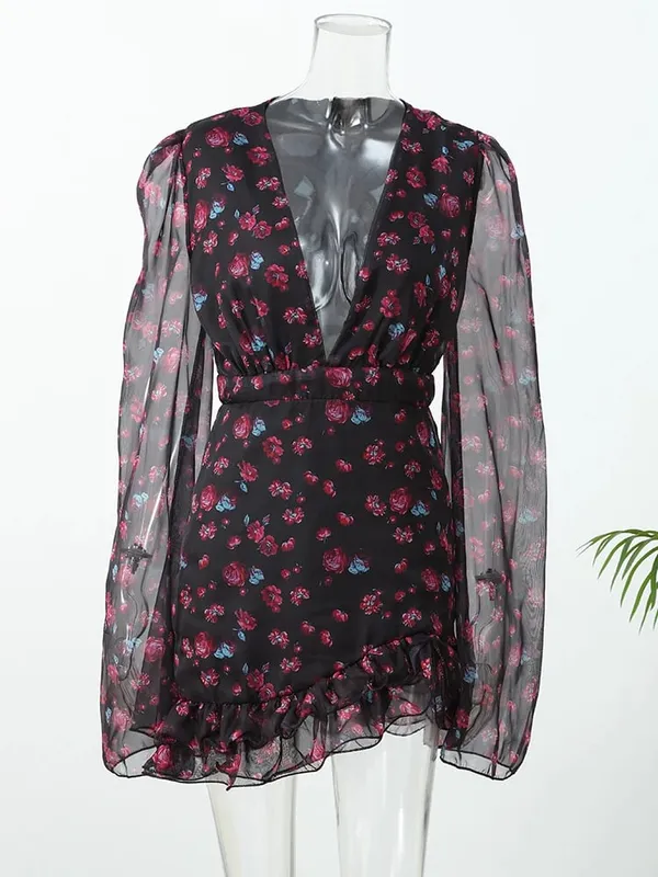 Women Chic Floral Print Deep V Neck Long Sleeved Waist Cinching Dress Layered Ruffle Hem Mini Dresses Elegant Party Daily Robes — image 6