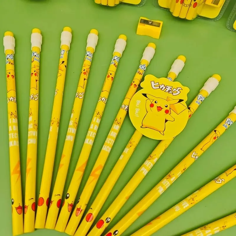 12pcs pokemon pencil with Eraser Pencil Sharpener cute pikachu Anime Figure School Supplies Office Stationery Kawaii Tools Gifts