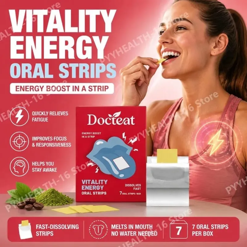 Docteat Energy Support Oral Strips with Caffeine L-Theanine Vitamin B3 B6 B12 Fast Dissolving Daily Nutrition Supplement 7 Count