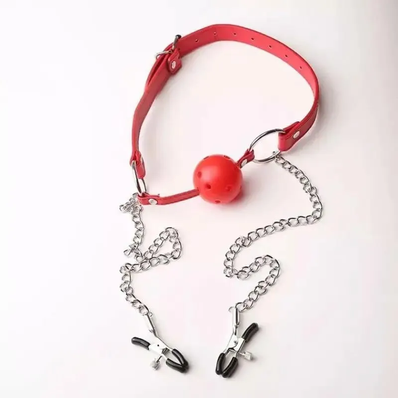 New Erotic Toy PU Leather Mouth Gag Ball Oral Sex With Chain Clip Breast Nipple Clamps Bondage Harness Sex Toys Adult Games — image 8