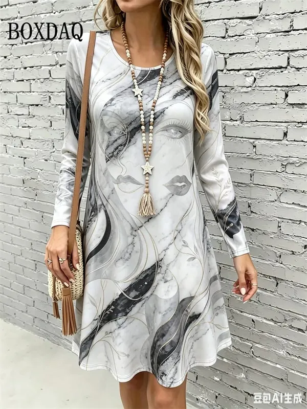 2026 New Women's Dresses Autumn Fashion Streetwear Abstract Painting Floral Print Dress Casual Long Sleeve Loose A-Line Dress — image 4