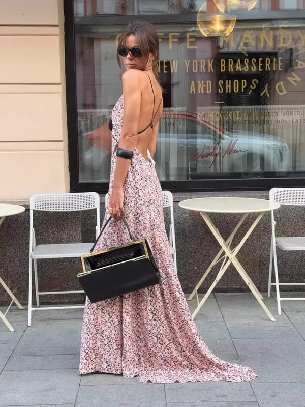 Sexy Floral Printed Sling Maxi Dress Spaghetti Strap Deep V Neck Front Black Rose Detail Ruffle Hem Lady Street Vacation Dresses — image 3
