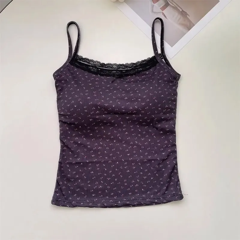 Fashion Floral Tops Lace Flower Print Camis Slim Y2K Short Tank Tops Elegant Camisole Sexy Vest Women