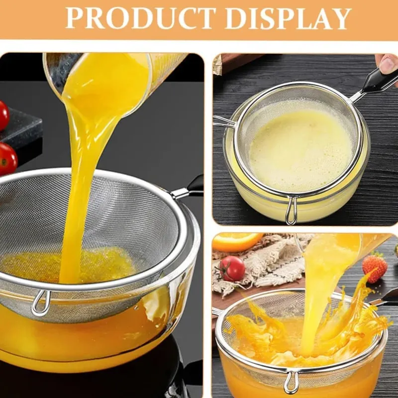 Ergonomic Kitchen Strainer for Christmas Recipes - 12 Inch with Non-Slip Handle & Hook Sturdy Fine Mesh for Draining and Rinsing