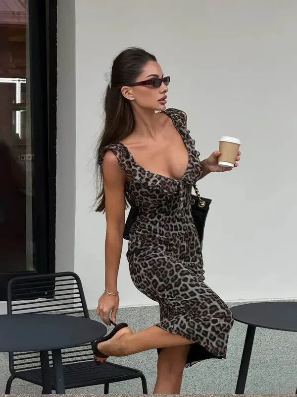 2026 New Mesh Midi Dresses V-Neck Lace-Up Sleeveless Leopard Printing Fashion Casual Street Style For Women Summer Chic — image 3