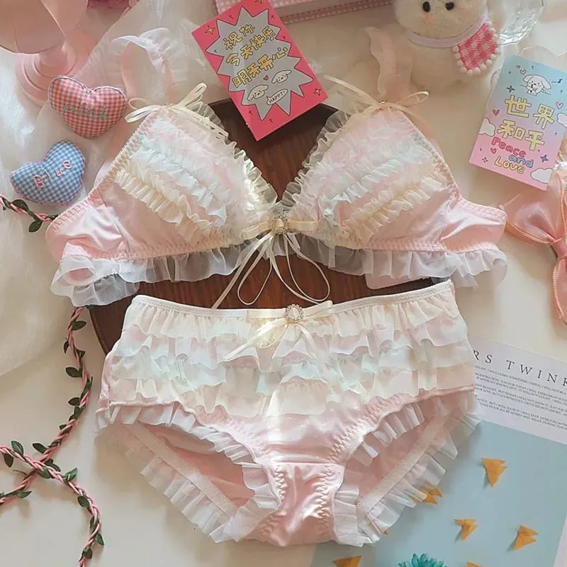 Japanese Lolita Princess Lingerie Women Pure Desire Cake Layer Lace Mesh Cotton Crotch Party Bra Panty Set Cute Comfortable Soft — image 1