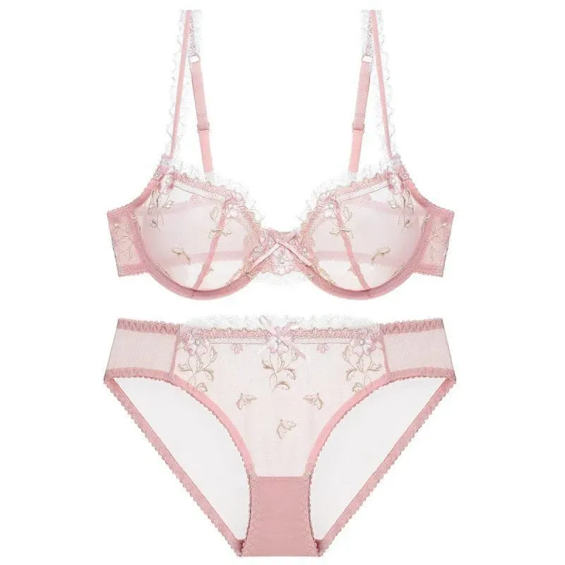 Floral Embroidery Sheer Mesh Lingerie Set Women Underwire Bra Panty Set Romantic Lace Intimate Sleepwear For Dating Night