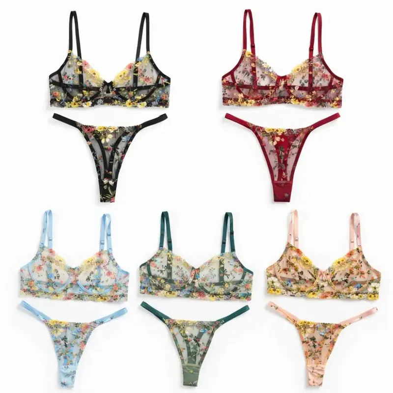 2-Piece Bohemia Floral Lingerie Set Embroidery Versatile Underwear Intimates Underwire Push-up Sheer Bra Panty Set For Lady Girl — image 2
