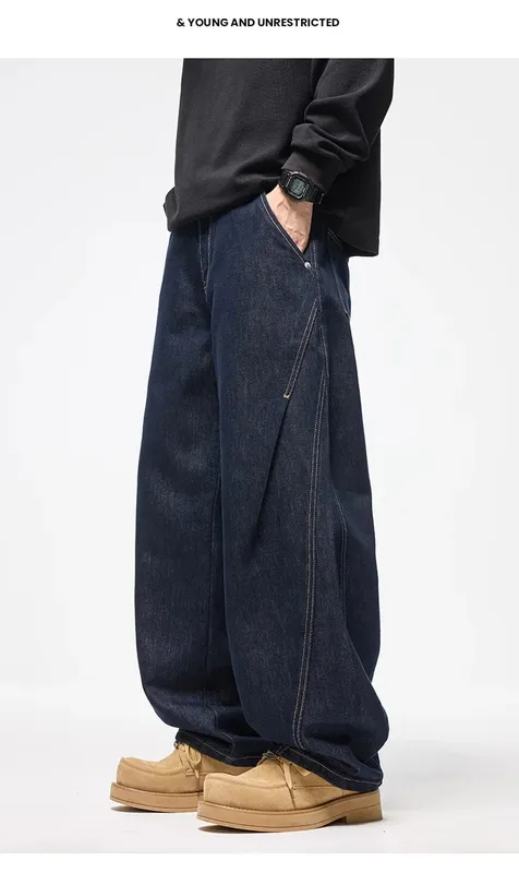 Autumn Winter 2026 New Fashion American Style Men's Dark Blue Solid Color Casual Trendy Simple Basic Wide Leg Loose Jeans Pants