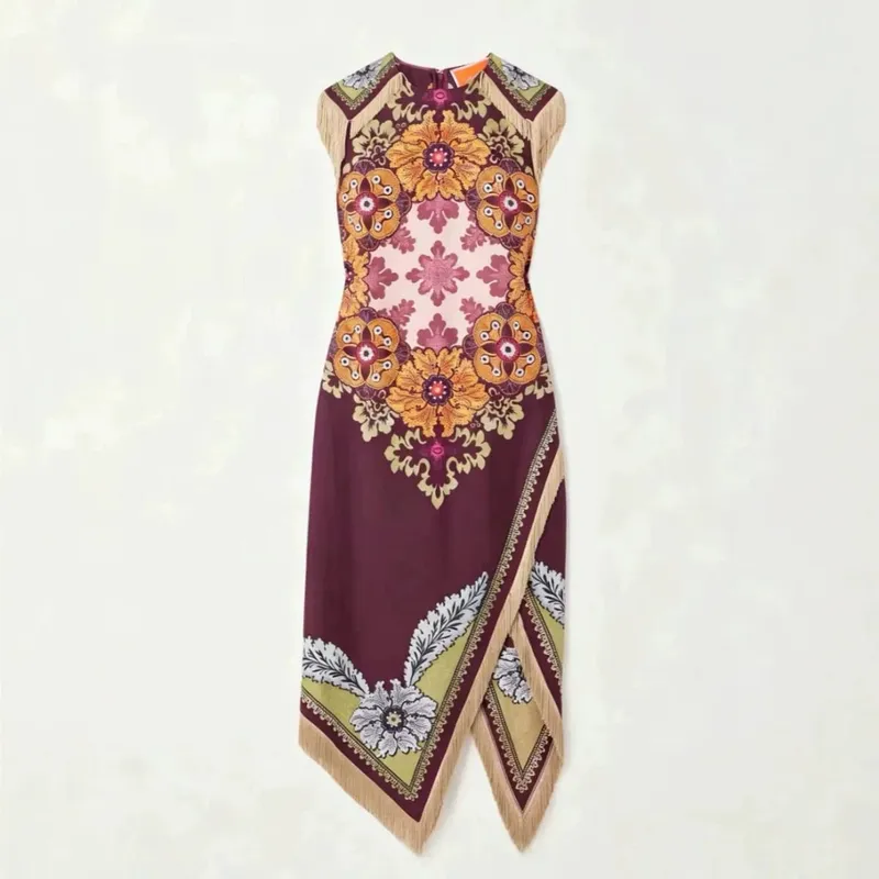 Vintage Bohemian Scarf Print Midi Dress Women Elegant Floral Sleeveless Wrap Dress Summer Asymmetrical Handkerchief Hem Fringe