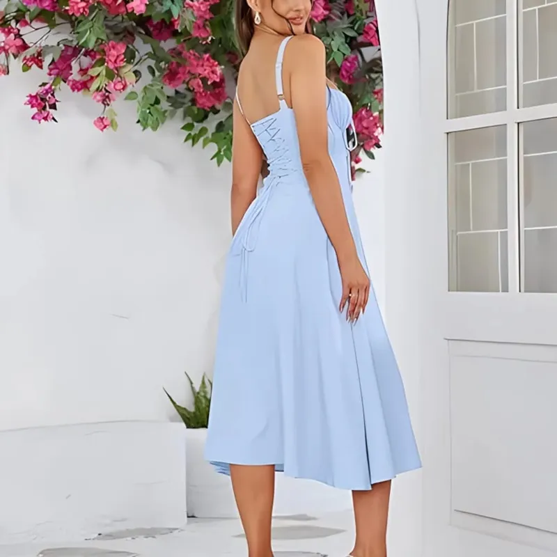 New Summer Fashion Women's Dresses Solid Square Neck Cami Ruched Corset Waist Midi A-Line skirts Elegant Summer Party Dress Y2K — image 5