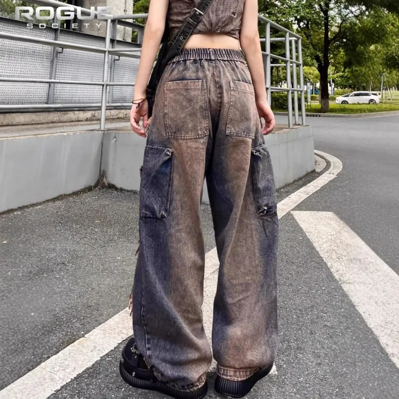 Y2K Grunge Deconstructed Distressed Jeans Unisex Patchwork Washed Wide Leg Denim Pants Hip Hop Streetwear Harajuku Punk Trousers