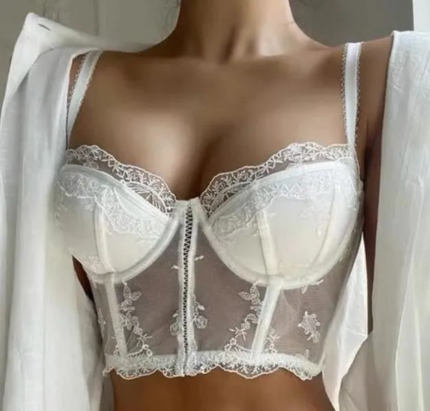 Vintage French Half Cup Embroidery Lace Longline Corset Bra Set Sexy Push‑Up Bust Support Shaping Lingerie 2Pcs Underwear Suit — image 9