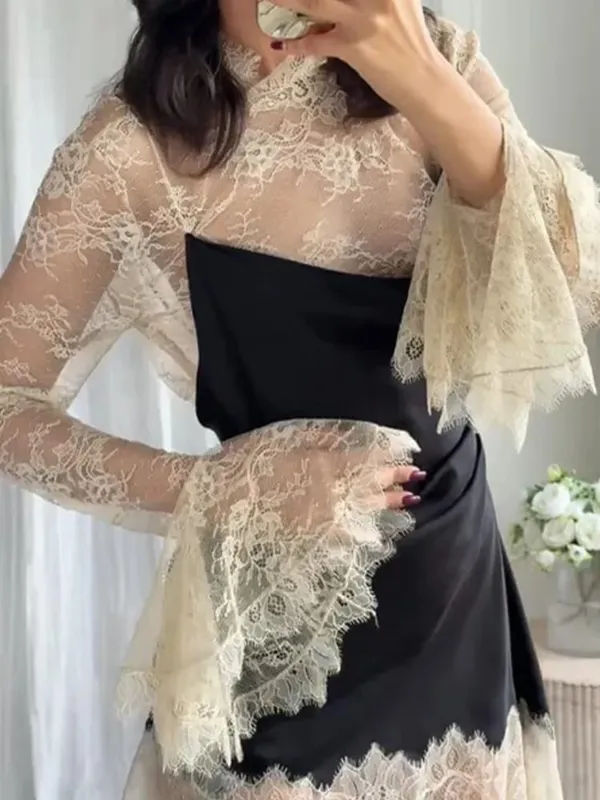 Elegant Satin Blomster Blonde Patchwork Mini Kjole Til Kvinder Uregelmæssig Hem Langærmede Kjoler Dame 2026 Chic Aftenfest Vestidos