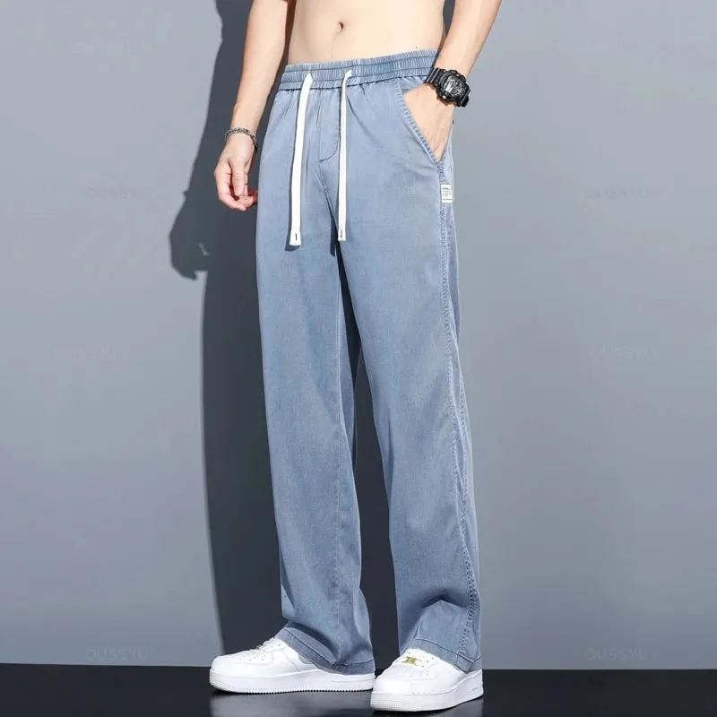 Sommer Blødt Lyocell stof Herre jeans Tynde Løse Lige Bukser Snøre Elastisk talje Korea Casual Bukser Plus Størrelse M-5XL