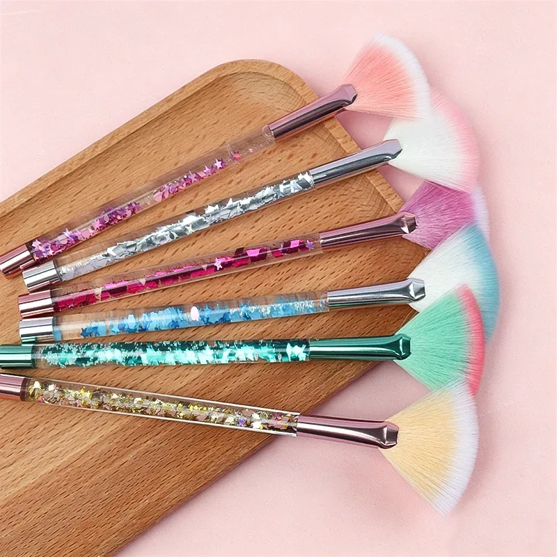 5pcs Fan Makeup Brush Glitter Transparent Handle Soft Fluffy Bristle Highlighter Blush Powder Brushes Face Cosmetic Beauty Tool