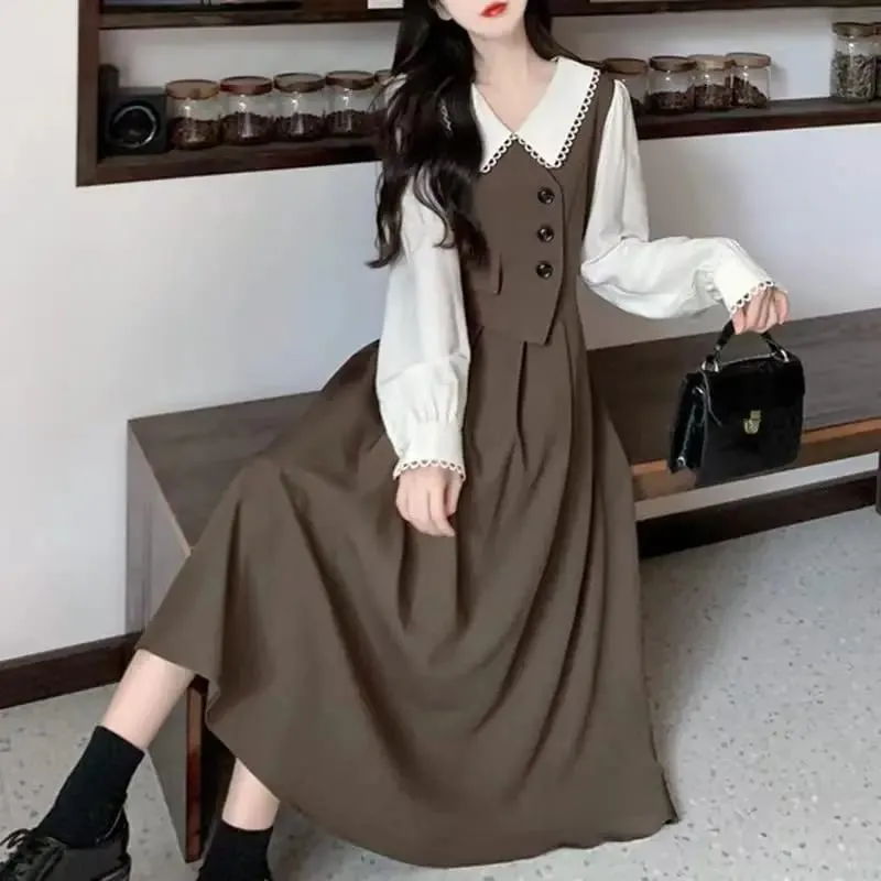 Women Dresses 2026 patchwork fake two-piece long-sleeved baby collar high quality design autumn elegant long dress vestidoes — image 3