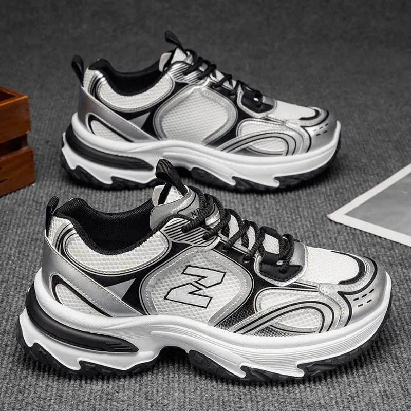 Men's Retro Chunky Dad Sneakers | Metallic Silver Platform Running Shoes