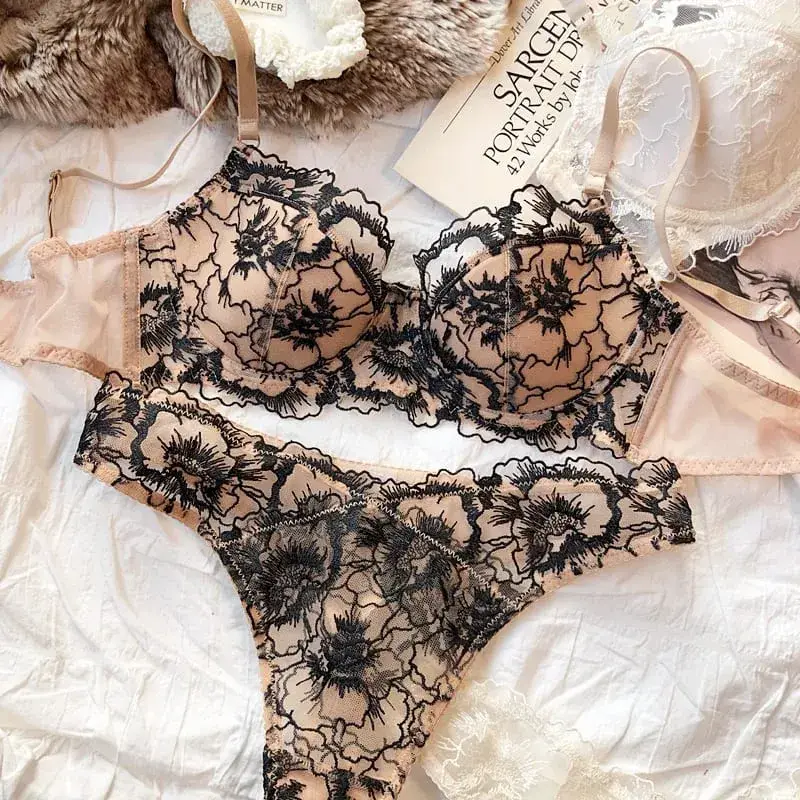 Sexy Women Underwear Set Lace Flowers Embroidery Push Up Bra Set French Thin Cup Comfort Breathable Lingerie Ladies Intimates — image 1