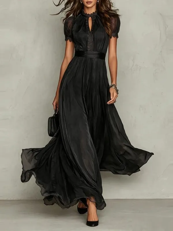 Vintage Solid Lace A-Line Long Dress Women's O Neck High Waist Pleated Party Dress Summer Short Sleeve Flowy Maxi Dresses — image 5