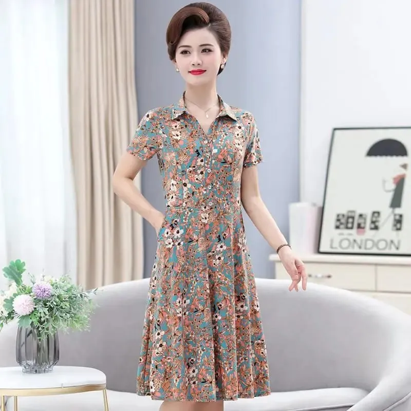 WomenS Floral Print Shirt Dress Short Sleeve Turn Down Collar A Line Midi Dress Casual Summer Dresses For Middle Aged Women
