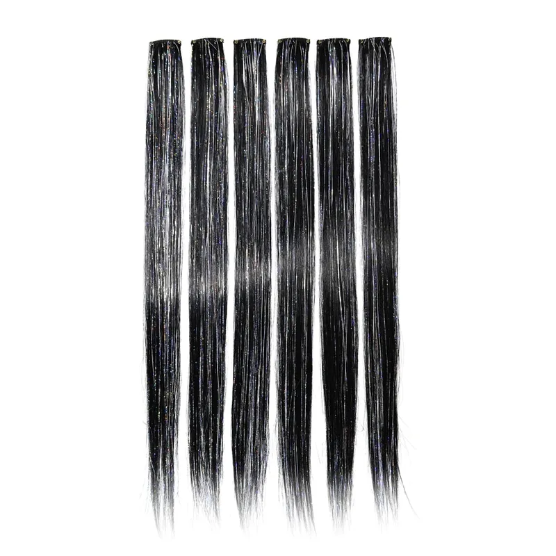 Synthetic 6pcs Clip in Hot Pink Hair Extensions Mix tinsels 22 Inch Colored Hair Extensions 2 in 1 Rainbow Hair — image 11