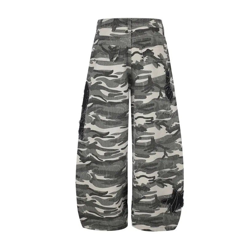 2026 American High Street Vibe Camouflage Jeans Men's Wide-Leg Bottom Spliced Patch Embroidery Loose Fit Trousers 17522 — image 3