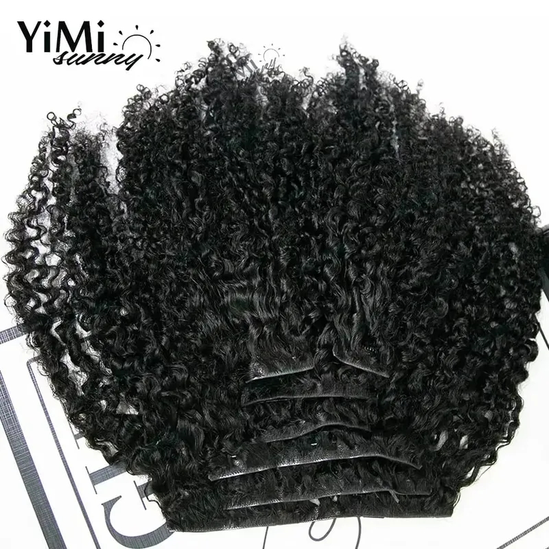 120G/Set Invisable Edge Clip Ins Human Hair Extensions Seamless Kinky Curly Injected PU Tape Weft Clip Ins Human Hair For Woman