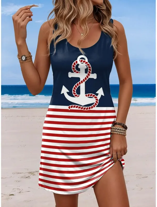 Women's Sleeveless Crew Neck Tank A-Line Mini Dress Print White Red Blue Loose Casual Summer Beach Vacation Daily Dress