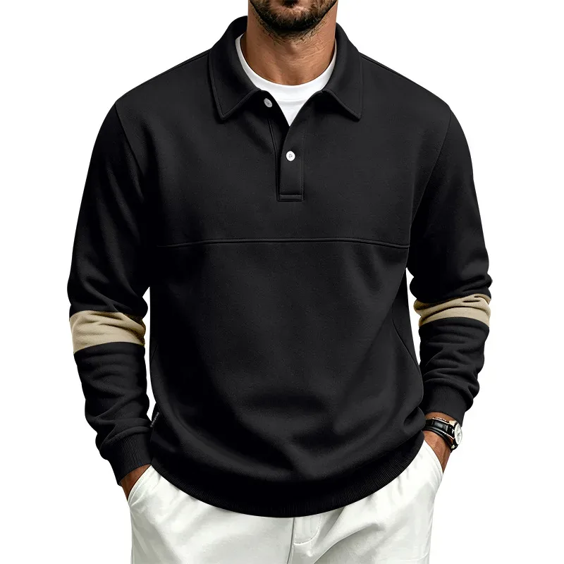 Men Lapel Polo Sweatshirt, Color Block Long Sleeve Pullover, Loose Solid Casual Top for Spring Autumn Daily Outfit — image 9