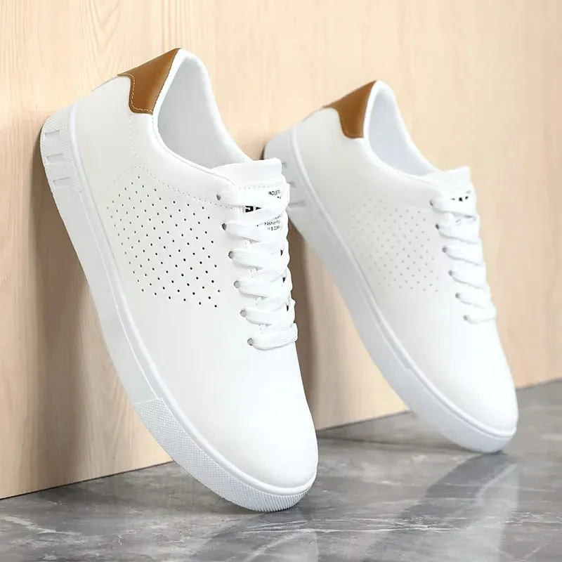Men's Classic White Sneakers Casual Leather Lace-Up Shoes Breathable Perforated Lightweight Walking Shoes for Male