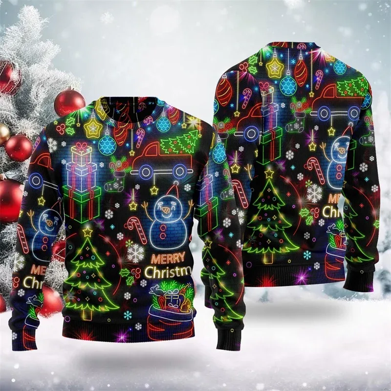 2025 Hot Christmas Ugly Sweater Men Women 3D Print Neon Pattern Santa Pullover Sweatshirt Unique Xmas Clothes Party Sweatshirt — image 6