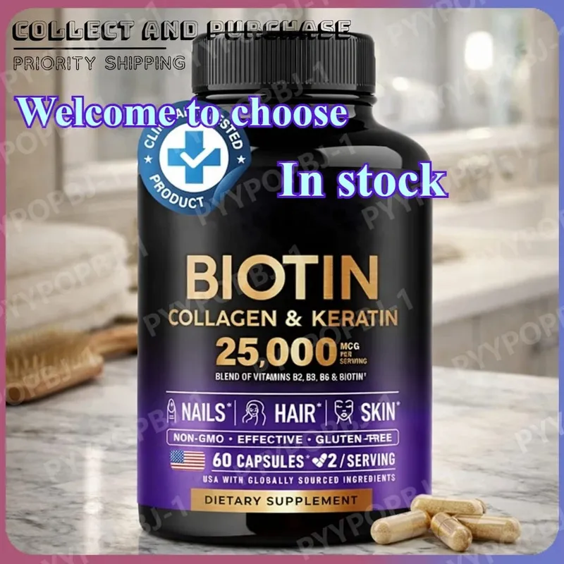 Biotin Capsules Contain Collagen and Vitamin B2 B3 B6 & B7 for Women Men Hair Care Supplements Skin & Nails Support 60 Pieces — image 1