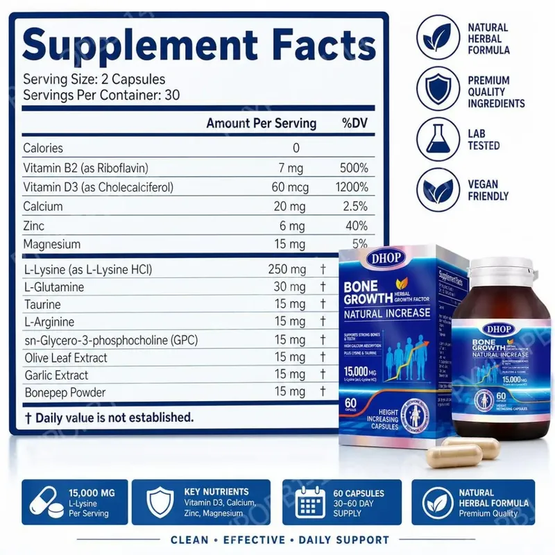 Bentillväxt naturligt ökande kapslar med L-Lysin Vitamin D3 Kalcium & Zink; Stöder starka ben och tänder 60 kapslar — image 2