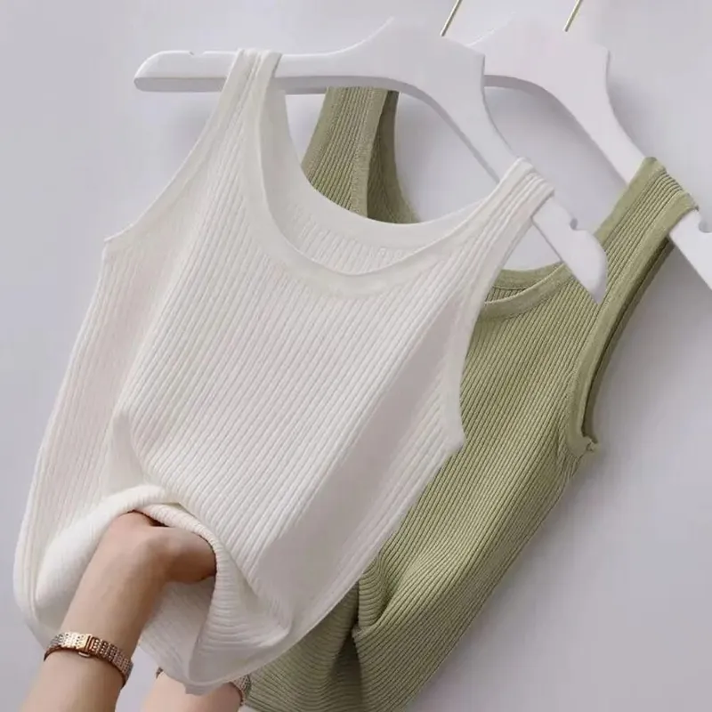 2024 Polyester Sexy Sleeveless Camisole Basic Top Solid Color Summer Camisole Streetwear Tees T-Shirt Spring Knitted Tank Women