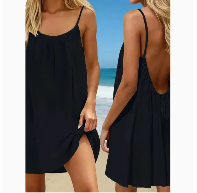 Women Sexy Backless Dress Solid Color Loose Fit Sleeveless Adjustable Short Dress With Straps Beach Vacation Sundress For Women — image 2