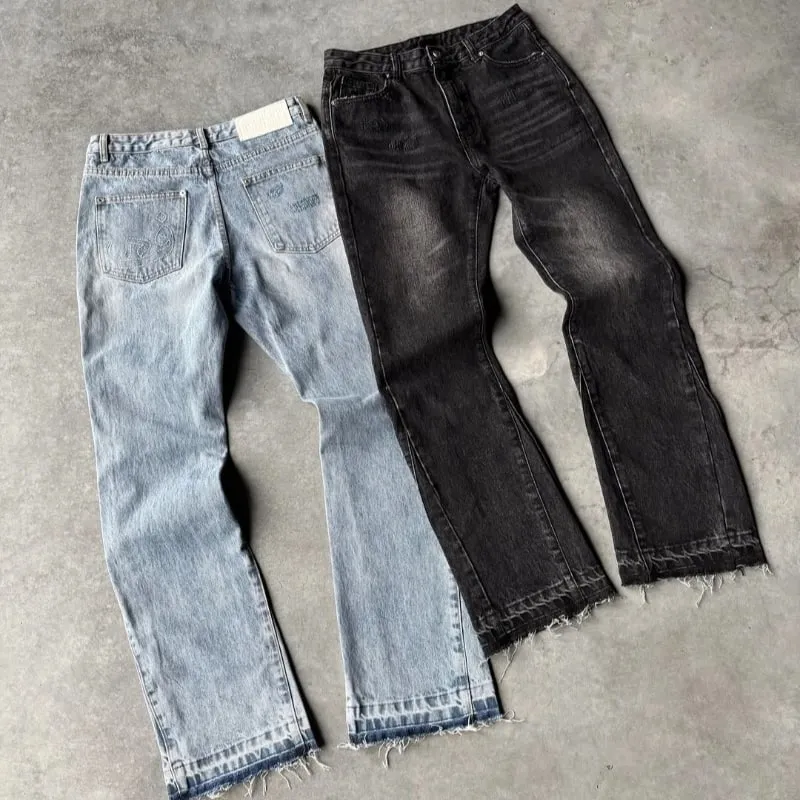 Y2K Vintage Slim Fit Jeans Trendy Washed Men Women Harajuku Hip Hop Straight Leg Pants Gothic Fringed Casual Micro Flared Pants — image 2