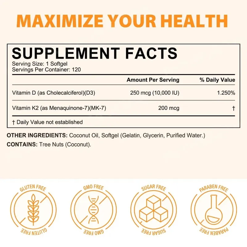 AcentiaLabs Vitamin D3 & K2 Softgels with Coconut Oil Immune Function and Bone Support Gluten Free Non-GMO 120 Softgels
