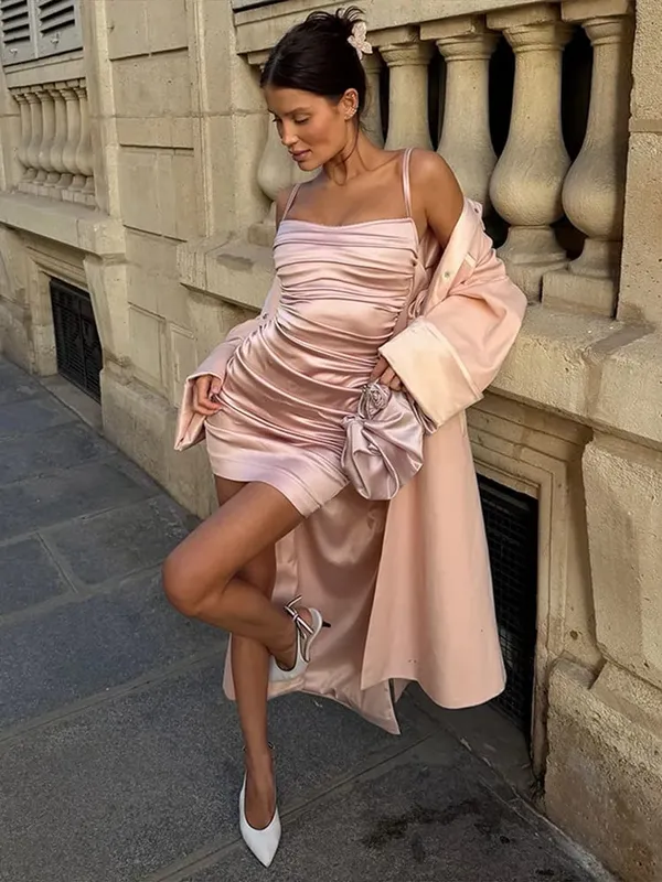 فستان نسائي من الساتان بحزام سباغيتي فساتين ماكسي من جميع الجوانب مكشكشة متجمعة الخصر Bodycon للتخسيس مساء فستان حفلات الزفاف سيدة
